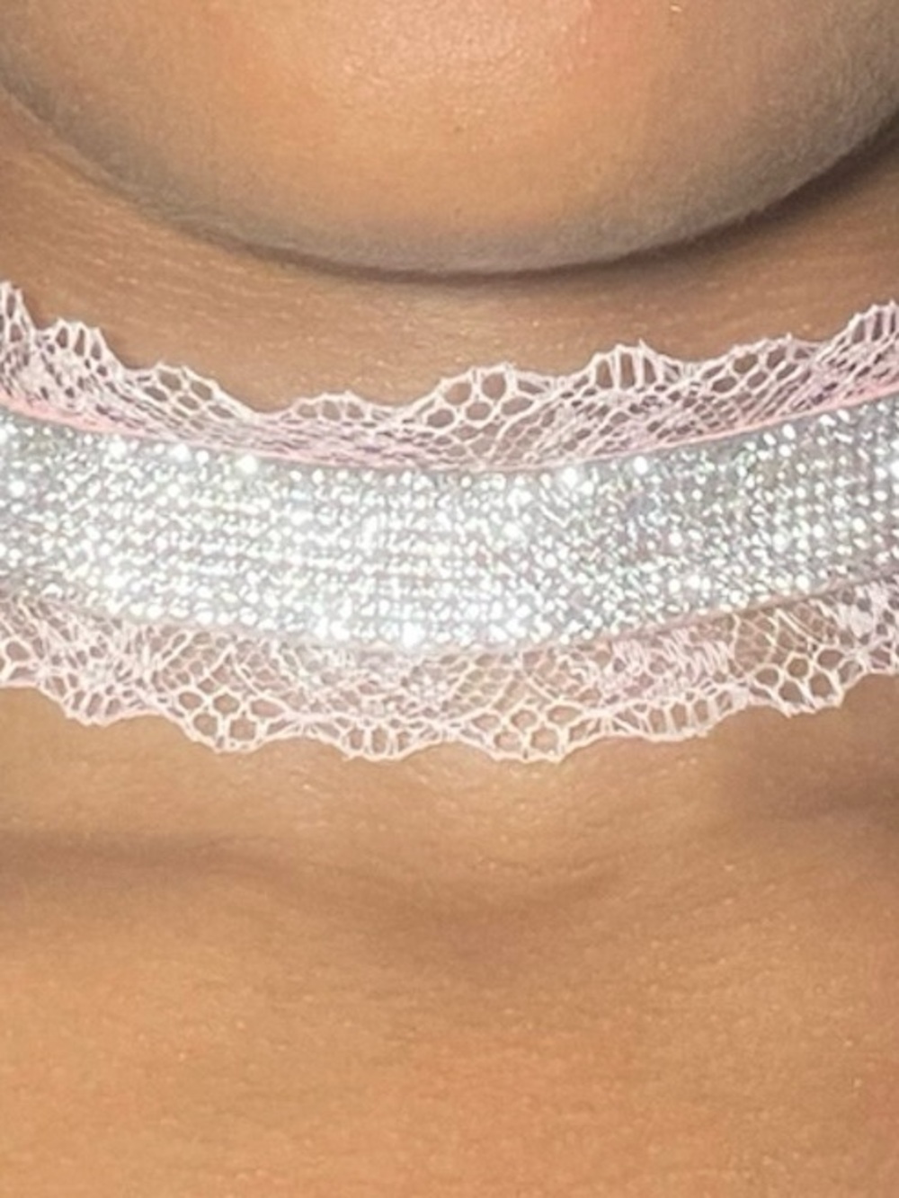 pink lace choker with a wide silver rhinestone band